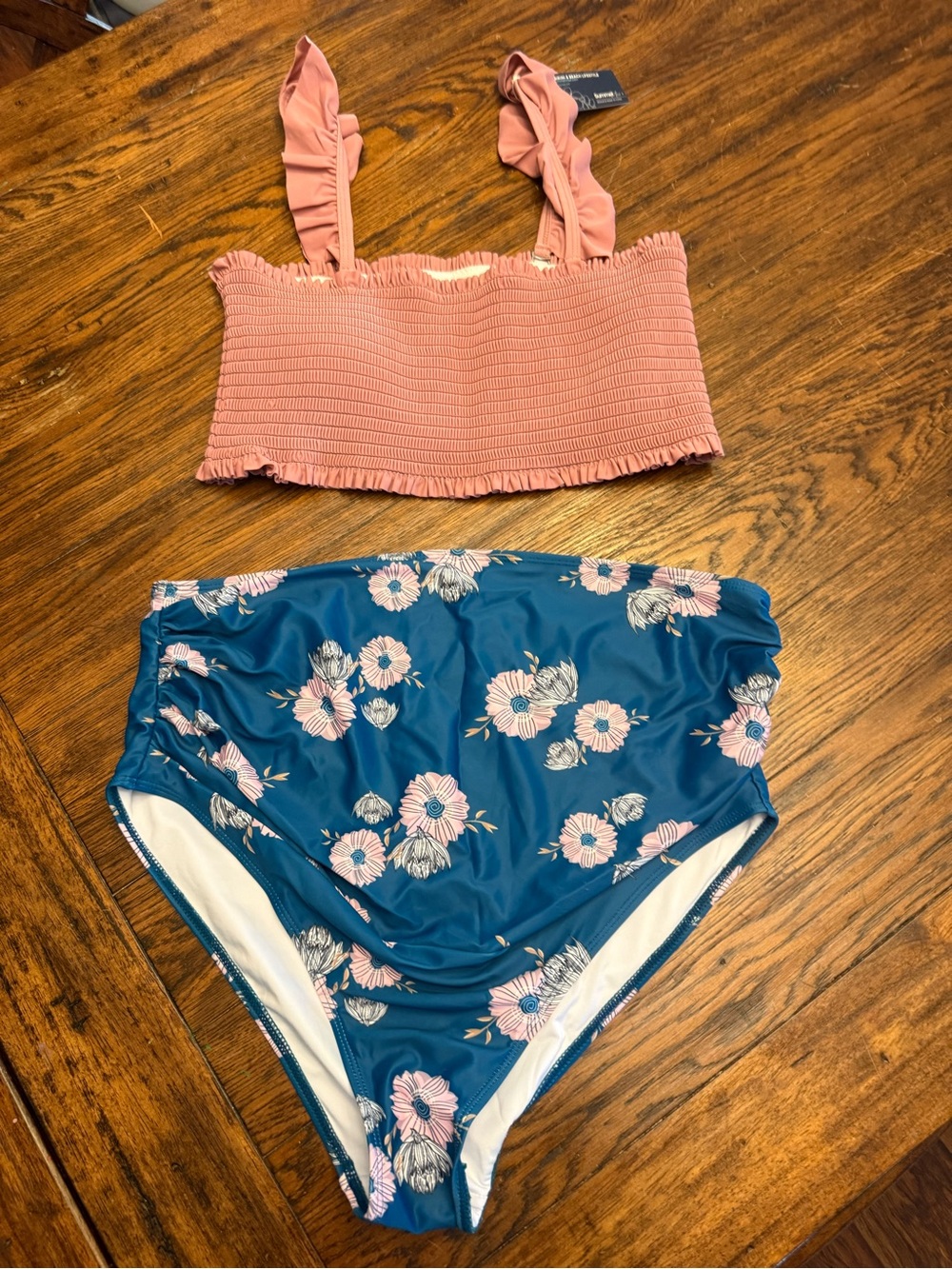 Pink Ruffled Smocked Bikini Top with Blue Floral High-Waist Bottoms